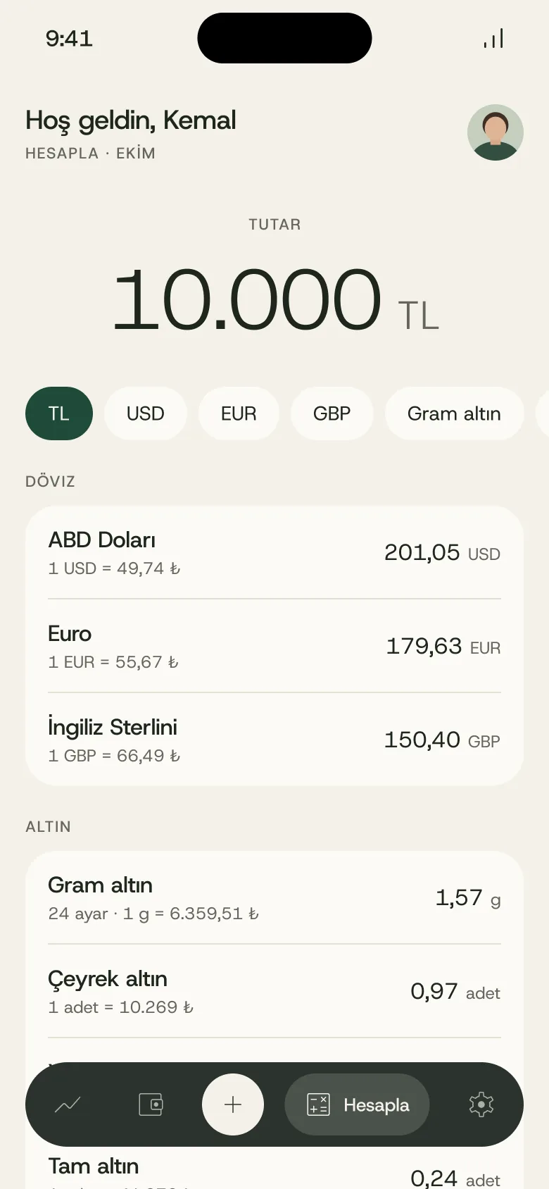 Kumbara uygulamasında Hesapla ekranı: 10.000 TL'nin döviz ve altın karşılıkları