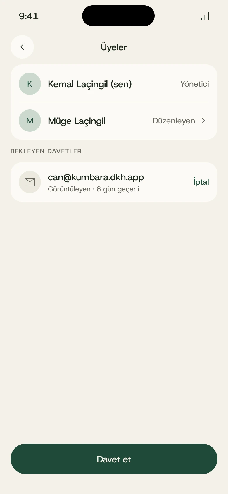 Kumbara uygulamasında üyeler ekranı: Kemal yönetici, Müge düzenleyen