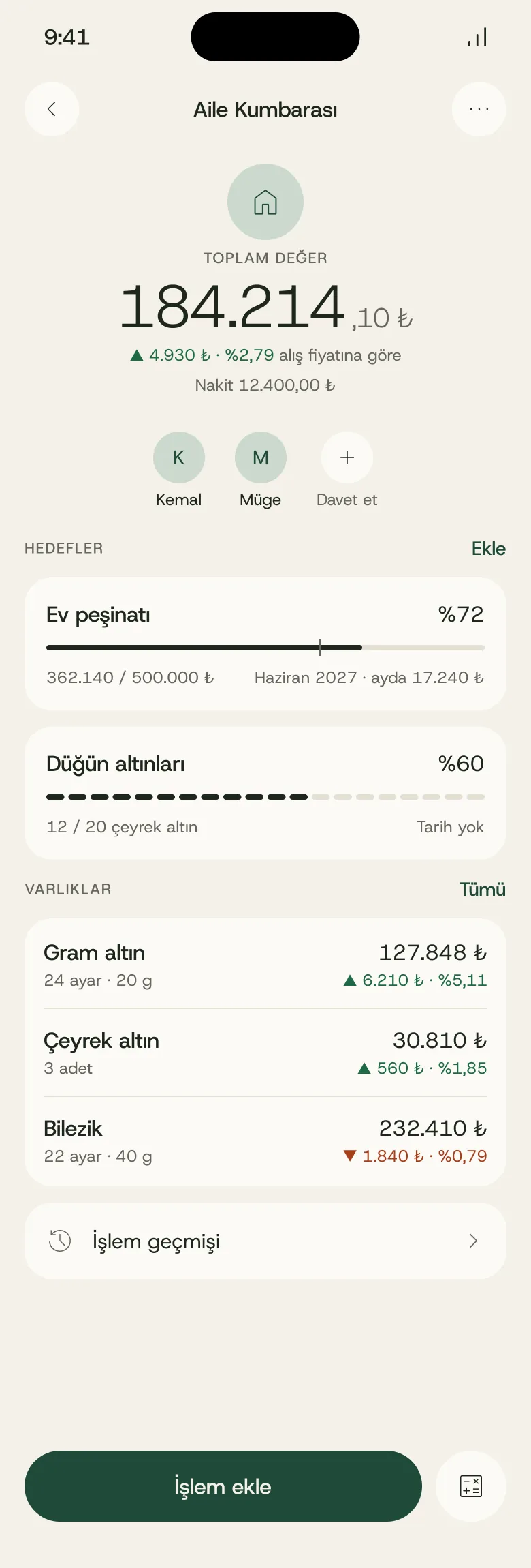 Kumbara uygulamasında Aile Kumbarası ekranı: toplam değer ve alış fiyatına göre kâr, Kemal ve Müge, hedefler ve varlıklar