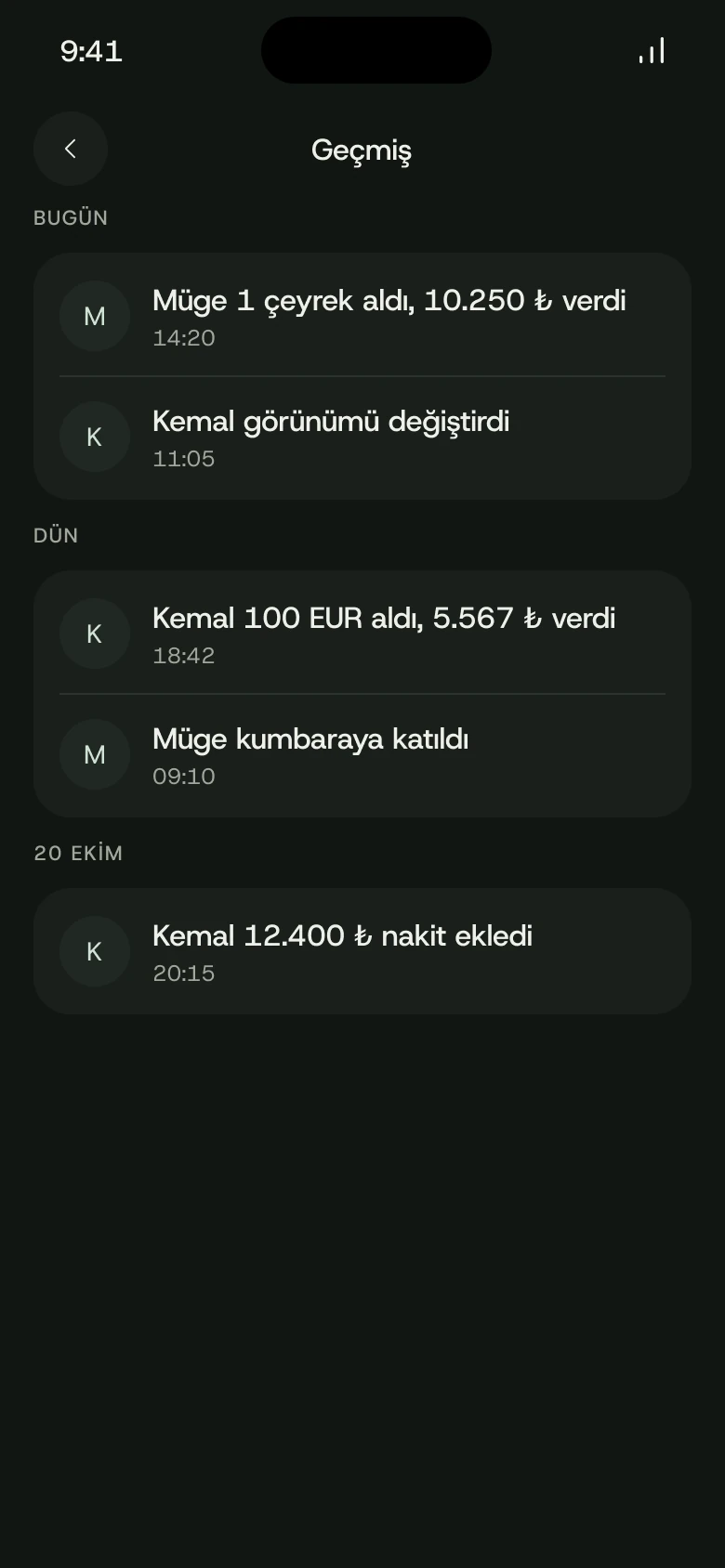 Kumbara uygulamasında geçmiş ekranı: Müge 1 çeyrek altın aldı, 10.250 TL verdi
