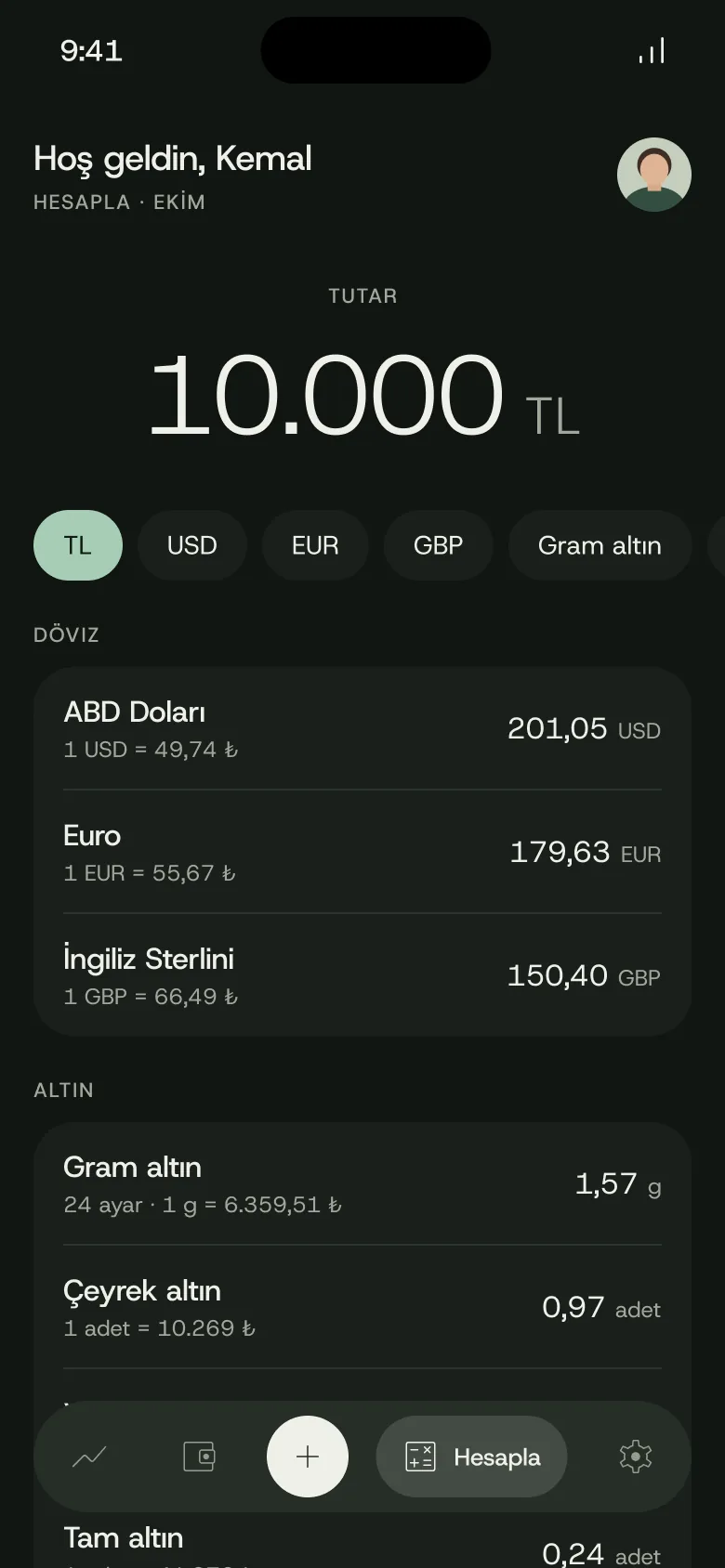 Kumbara uygulamasında Hesapla ekranı: 10.000 TL'nin döviz ve altın karşılıkları