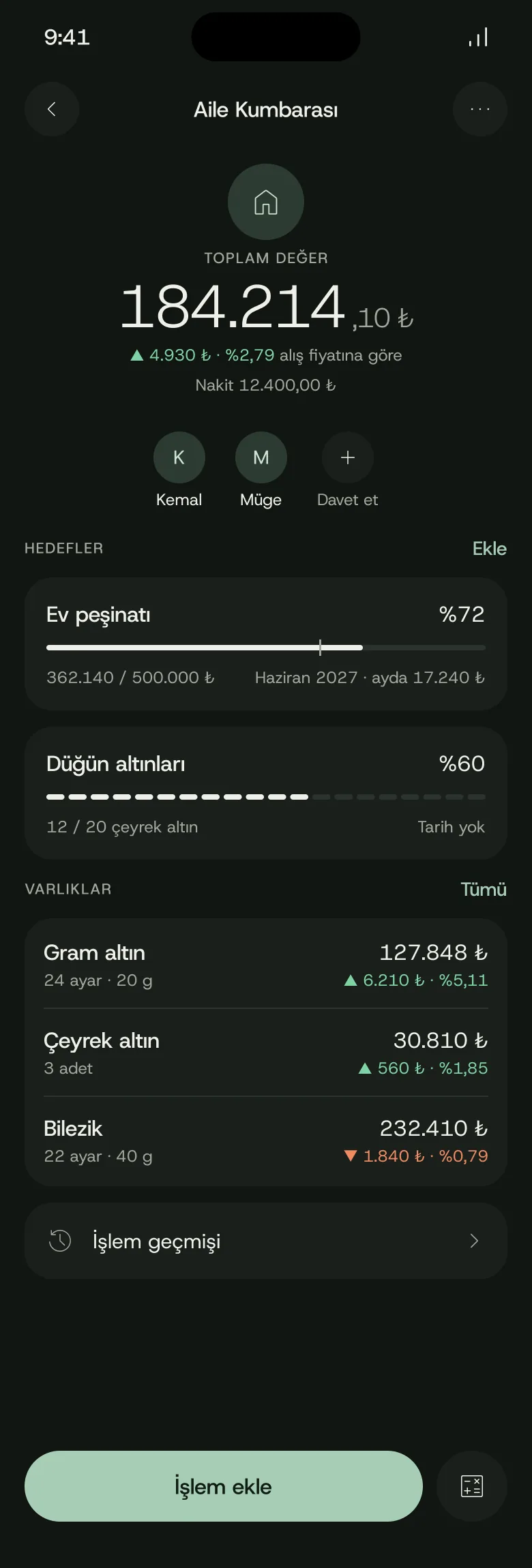 Kumbara uygulamasında Aile Kumbarası ekranı: toplam değer ve alış fiyatına göre kâr, Kemal ve Müge, hedefler ve varlıklar