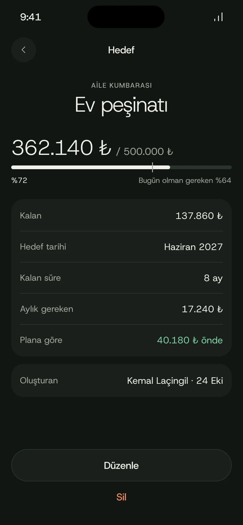 Kumbara uygulamasında hedef ekranı: Ev peşinatı yüzde 72, ayda gereken tutar