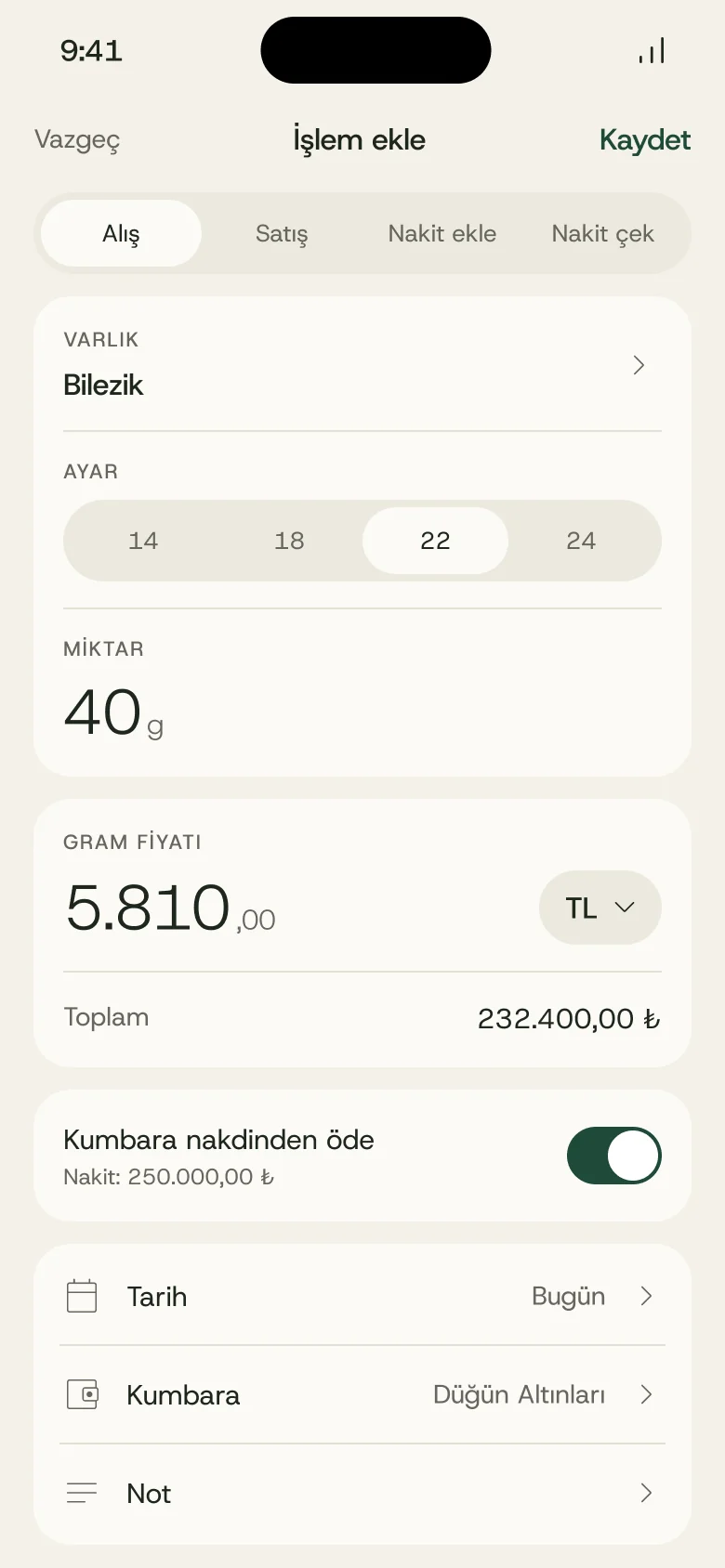 Kumbara uygulamasında işlem ekleme ekranı: 22 ayar bilezik alışı