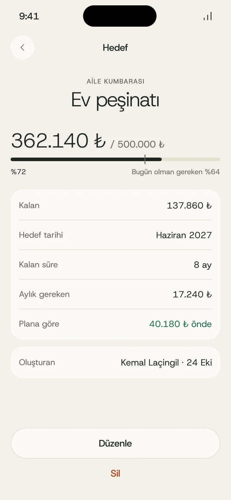Kumbara uygulamasında hedef ekranı: Ev peşinatı yüzde 72, ayda gereken tutar