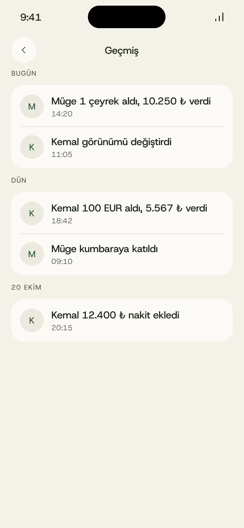 Kumbara uygulamasında geçmiş ekranı: Müge 1 çeyrek altın aldı, 10.250 TL verdi