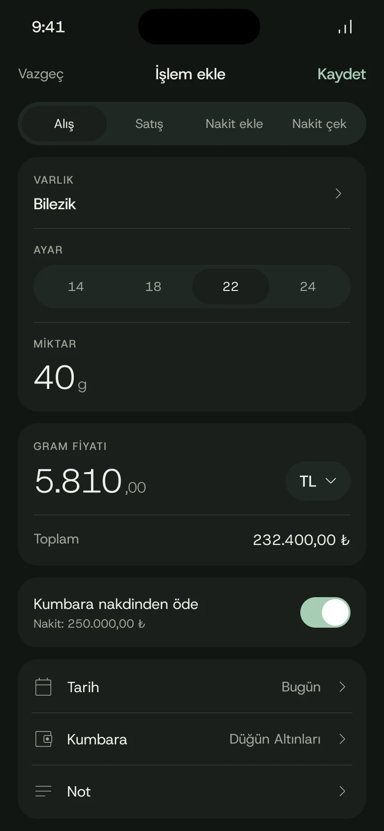 Kumbara uygulamasında işlem ekleme ekranı: 22 ayar bilezik alışı